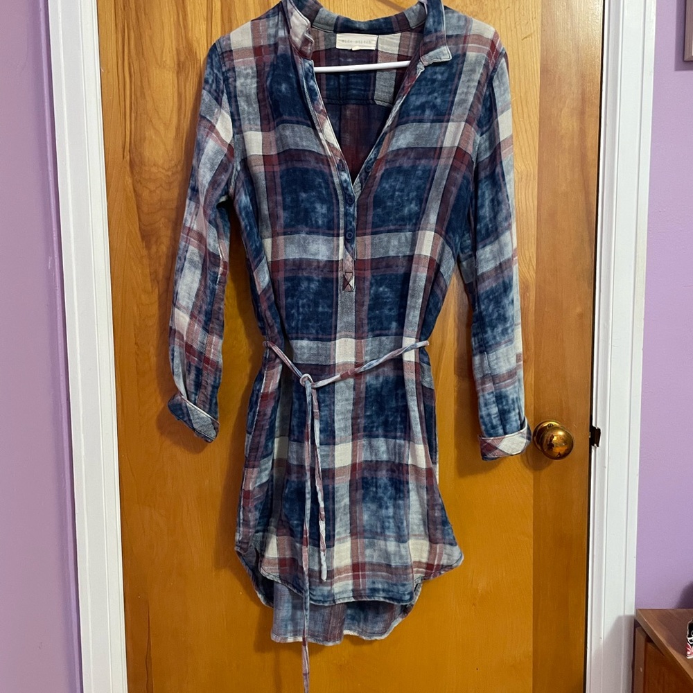 Side Stitch Plaid Flannel Shirt Dress - Blue and Red